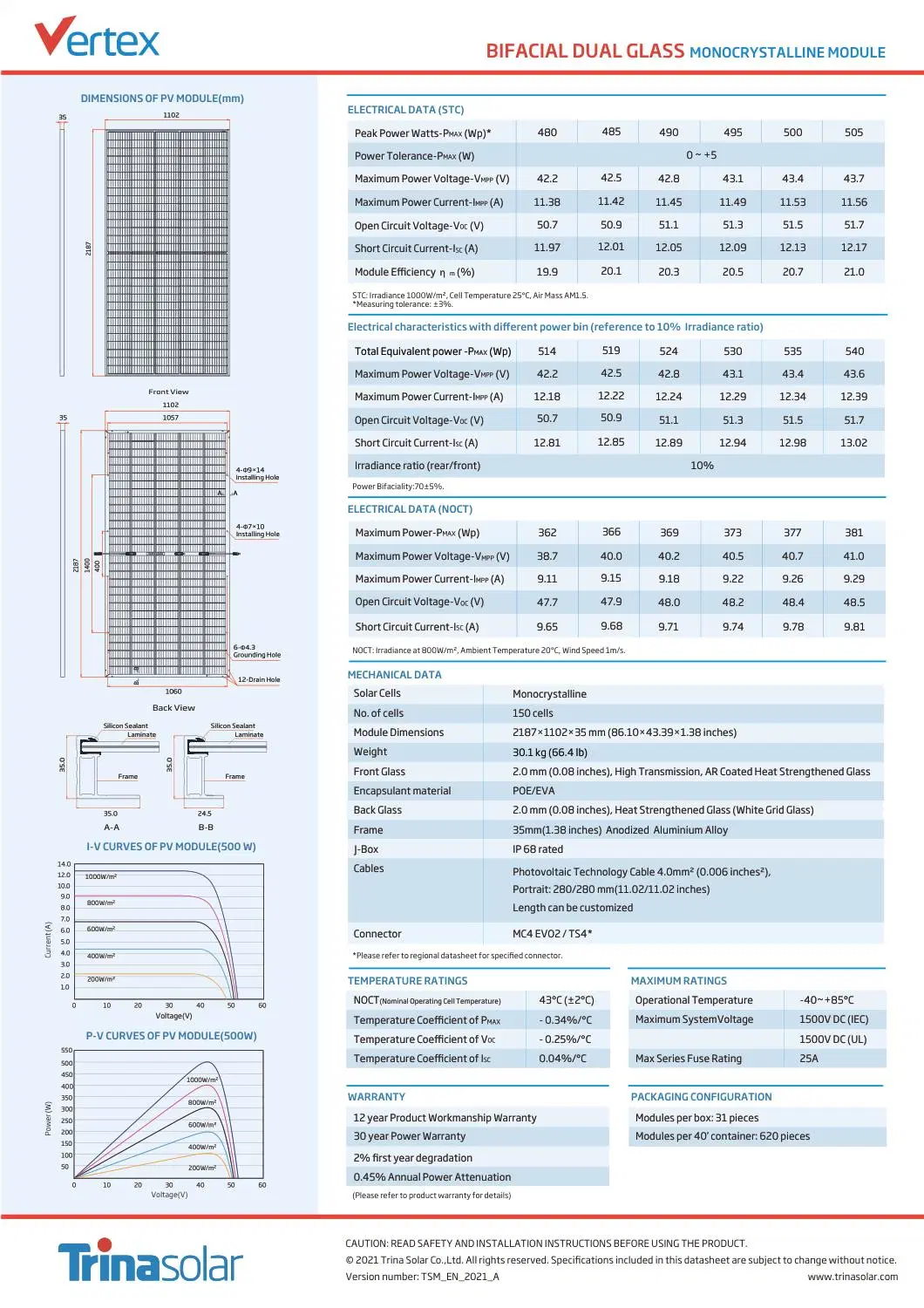 Trina Vertex Bifacial Dual Glass Monocrystalline Module 480W 490W 500W 505W Photovoltaic Solar Panels Industrial Use